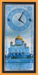 Часы с панорамным видом Храм Христа Спасителя гжель (со стеклянным циферблатом, 30*70 см)