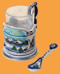 Подстаканник Гжель Каприз Деревушка Зима (ажур, позолочённый, в наборе)